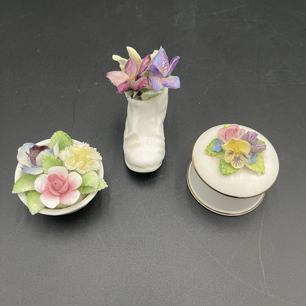 Vtg Staffordshire England Crown Bundle Floral Pill Trinket Boxes & Adder Boot
